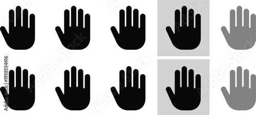 Set of hand palm vector icons in different styles including solid outline and disabled states for gesture interface symbols isolated on white background