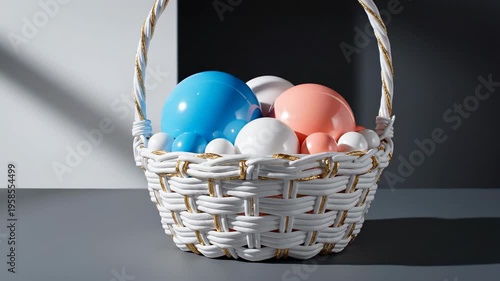Basket filled with colorful eggs placed on a simple background. Bright light creates distinct shadows across the setting. Concept of holiday, celebration, decoration