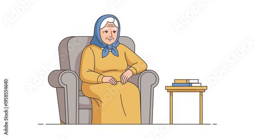 An elderly woman sits comfortably in an armchair with books nearby showcasing a charming flat silhouette high quality professional detailed modern