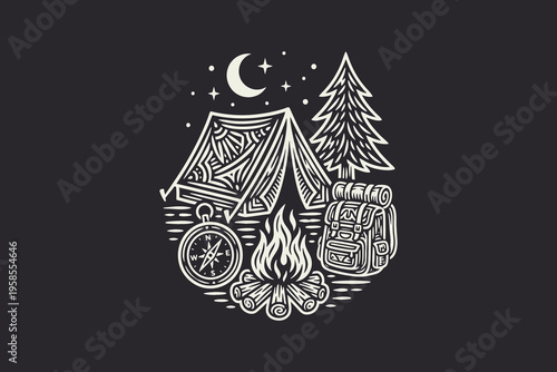 Camping Adventure Monochrome Linocut Illustration