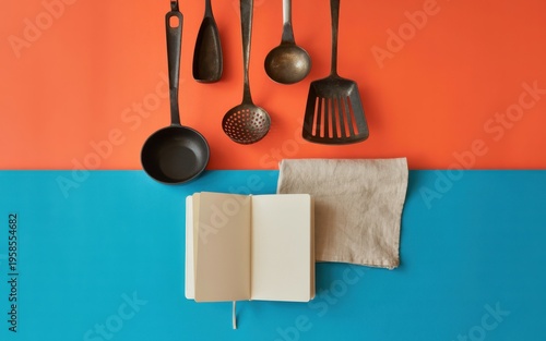 Cookbook and kitchen utensils on colorful background with note