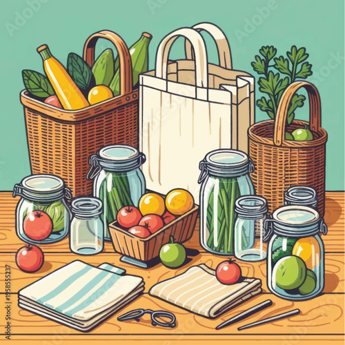 Illustration of Jars and Baskets with Fresh Produce.