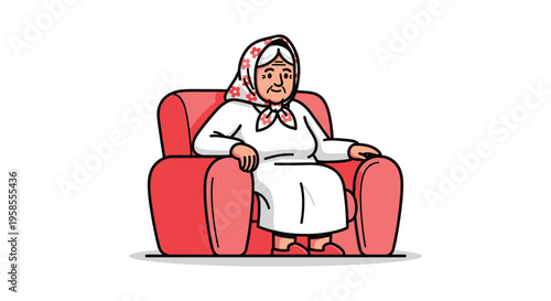An elderly woman with a floral headscarf sits comfortably in a red armchair presented as a silhouette high quality professional detailed