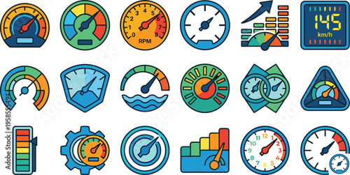 Set of speedometer and performance gauge vector icons featuring colorful dashboards meters indicators and measurement scales isolated on white background for automotive and analytics design