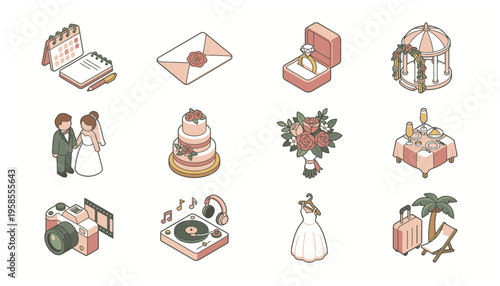 Isometric wedding and celebration icons set featuring a calendar, invitation, ring, arch, couple, cake, flowers, champagne, camera, music, dress, and travel.