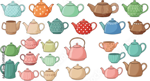 Hand Drawn Teapot Collection Set with Vintage Ceramic Kettles and Decorative Patterns for Kitchen Design Tea Time Illustration and Home Decor Use