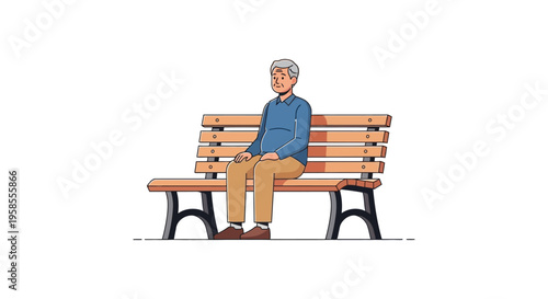 An elderly man sits alone on a park bench appearing thoughtful and contemplative in a flat silhouette high quality professional detailed