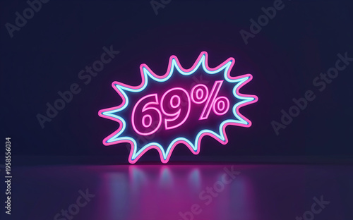 69 Percent Discount Neon Sign, Sale Promotion and Marketing Offer Concept