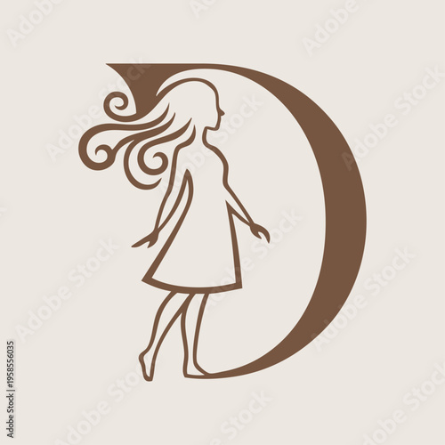Logotipo de boutique de moda. Dibujo sencillo con líneas de una mujer de perfil con un vestido y cabello suelto con letra D