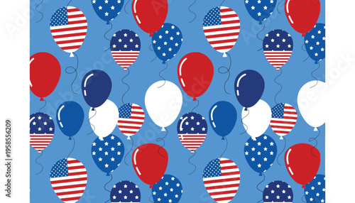 American flag balloons floating in the air on a blue background