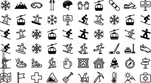 Winter sports and ski resort vector icon set featuring skiing snowboarding cable car equipment weather symbols and mountain elements isolated on white background