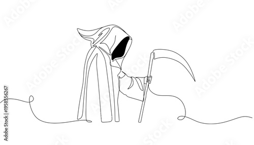 A grim reaper continuous line drawing with a scythe and hooded cloak
