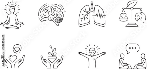 Mental Health Wellness and Mindfulness Line Icon Set for Counseling and Therapy