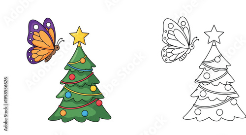 Cute Christmas Tree with Butterfly - Coloring Page Included