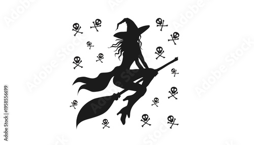 A witch silhouette flying on a broomstick with skulls and crossbones