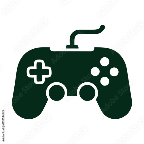 A dark green video game controller icon with a directional pad, four action buttons, and two smaller central buttons, presented as a graphic element isolated on a clean