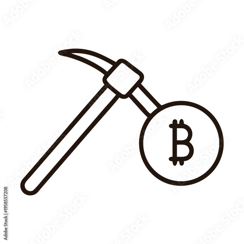 A minimalist line art illustration featuring a pickaxe striking a bitcoin symbol, effectively representing the core concepts of cryptocurrency mining, digital finance, and blockchain technology