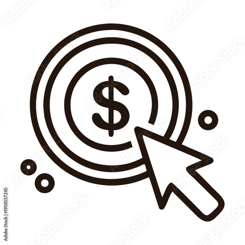 Icon representing digital marketings pay per click ppc and cost per click cpc models, with a mouse cursor pointing to a dollar sign in a target, symbolizing online advertising and monetization