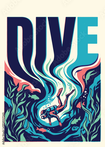 Vintage scuba diving poster with underwater diver and aquatic plants