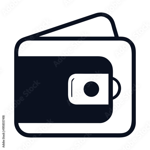 A minimalist black and white icon depicting a closed wallet, symbolizing finance, money, payment, and personal banking, presented as a clean graphic element isolated on