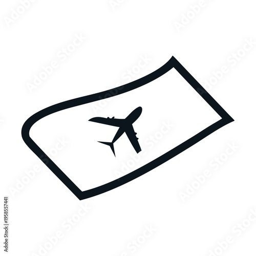 A simple black and white icon depicting an airplane taking off from a stylized ticket or document, symbolizing travel, flight bookings, and aviation services, isolated on