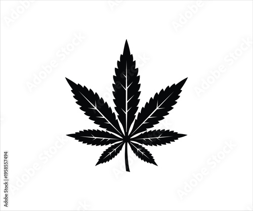 Simple black silhouette of a cannabis leaf against a white background