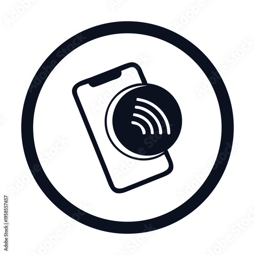A modern black and white icon illustrating a smartphone with a contactless payment symbol, signifying secure mobile transactions, nfc technology, and convenient digital finance