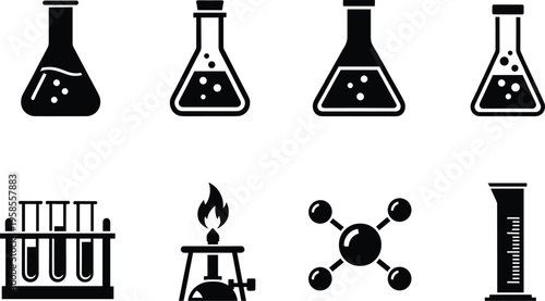 A set of line art design vector concepts featuring laboratory equipment silhouettes including beakers flasks test tubes and a Bunsen burner on a clean white background
