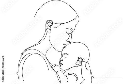 Minimalist single line drawing beautifully captures a mother tenderly kissing her sleeping infant baby head