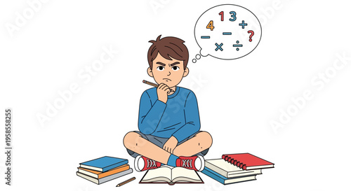 A young boy sits thoughtfully with math symbols swirling above his head portraying concentration silhouette high quality professional detailed modern