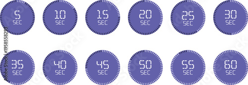 Purple digital countdown timers'   showing various seconds interface icon set.