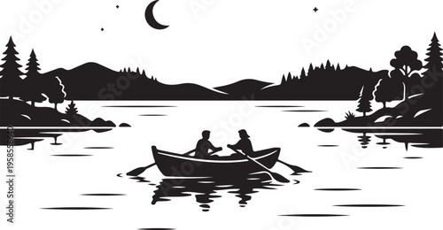 Romantic silhouette of a couple rowing a small boat on a serene lake at night, surrounded by mountains and pine trees under a crescent moon and stars, depicting peaceful outdoor leisure.