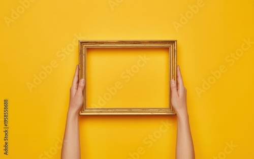 A person holds an empty picture frame against a vibrant yellow background.