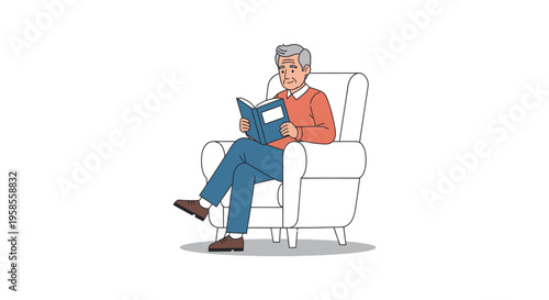 An older man comfortably seated in an armchair deeply engrossed in reading a book silhouette high quality professional detailed modern elegant
