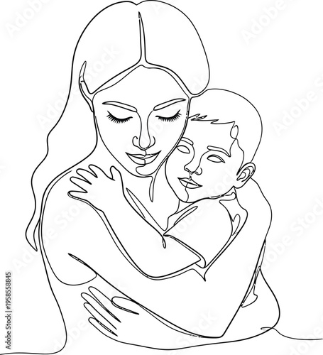 Continuous line drawing beautifully illustrating a loving mother tenderly embracing her happy child, symbolizing a strong bond and maternal affection.