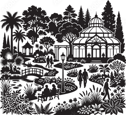 Lush botanical garden silhouette with a grand greenhouse, gazebo, bridge, and diverse flora, where people stroll and relax, depicting serene outdoor leisure and nature appreciation.