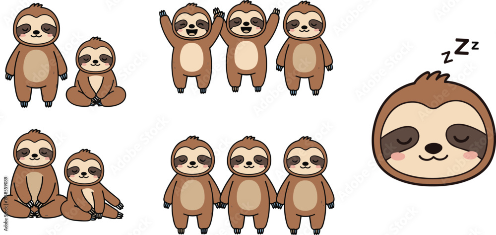 Obraz premium Cute sloth character illustration set featuring different poses, sleeping expression, standing positions, and adorable animal cartoon collection in flat vector style