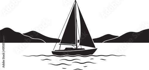 Minimalist black and white silhouette illustration of a sailboat gracefully navigating calm waters, with distant mountains forming a tranquil background, symbolizing freedom and adventure.