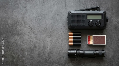 Black emergency radio flashlight batteries and an open matchbox on a dark grey textured surface