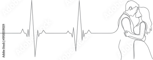 Minimalist continuous line drawing depicting a loving couple embracing, symbolizing deep romantic connection and the heartbeat of shared love.