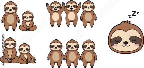Cute sloth character illustration set featuring different poses, sleeping expression, standing positions, and adorable animal cartoon collection in flat vector style