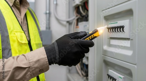 Professional technician's gloved hand checking electrical panel breakers with a glowing voltage pen