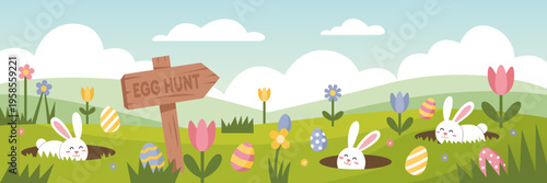 Happy Easter banner egg hunt. Cute Easter Egg hunt design. Easter Spring celebration backdrop. Easter modern design ideal for holiday posters, banners, greeting card. Happy Easter background design