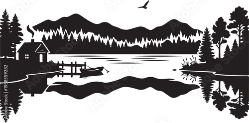 Serene lake scene with cabin, boat, and mountains in silhouette at dusk, surrounded by trees.