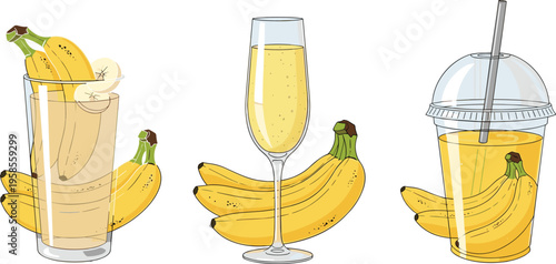 Banana smoothie and juice illustration set featuring fresh bananas, healthy drinks, glass beverages, and tropical nutrition concepts in colorful flat vector style
