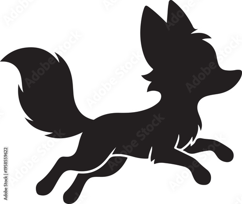A black silhouette of a running fox with pointed ears and bushy tail on a beige background.