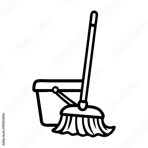 Logotipo con dibujo con líneas de un equipo de limpieza con fregona y cubo para el cuidado de suelos