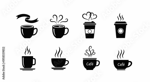 Set of eight black coffee cups with steaming hot beverage icons different designs showing various steam patterns and cup styles on white background