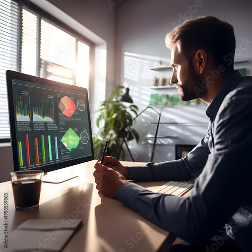 Focused businessman analyzing data on computer screen in modern office environment with graphs and charts