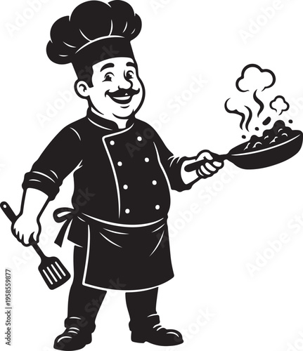Smiling chef in uniform holding a hot frying pan and spatula, cooking food with steam rising.